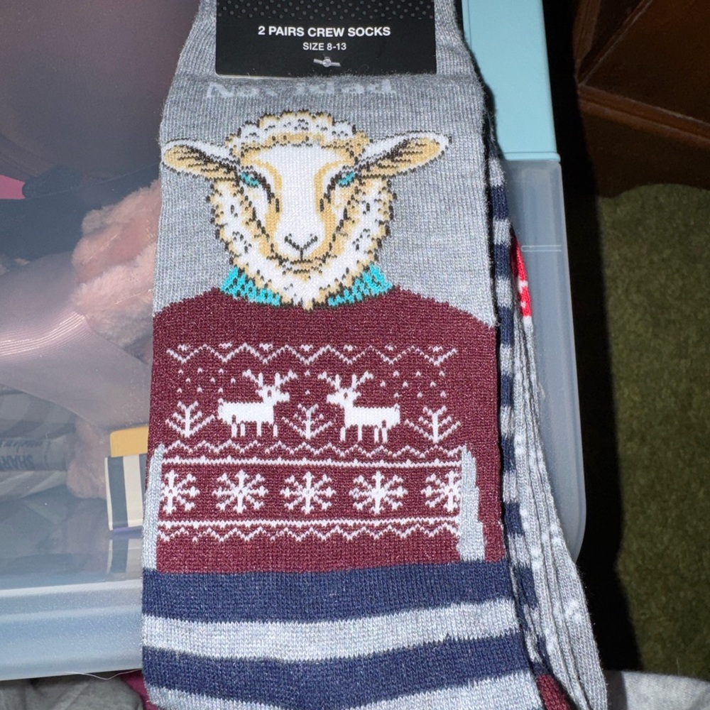 Twisted Tors Gray and Burgundy Crew Socks with Sheep Design